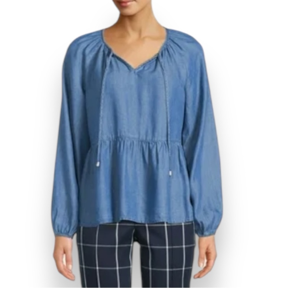 TIME AND TRU Lightweight Long Sleeve‎ Woven Peasant Peplum Top Medium | EUC